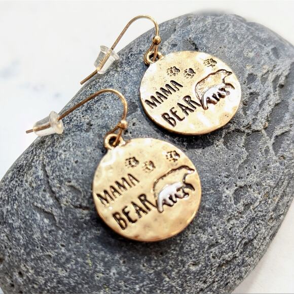 MAMA BEAR Bronze Silver Two-Tone Metal Disk Drop Hook Earrings NEW Gift - Picture 8 of 13